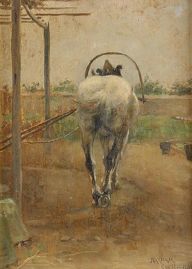 Nils Kreuger Labor - horse pulling a threshing machine oil painting image